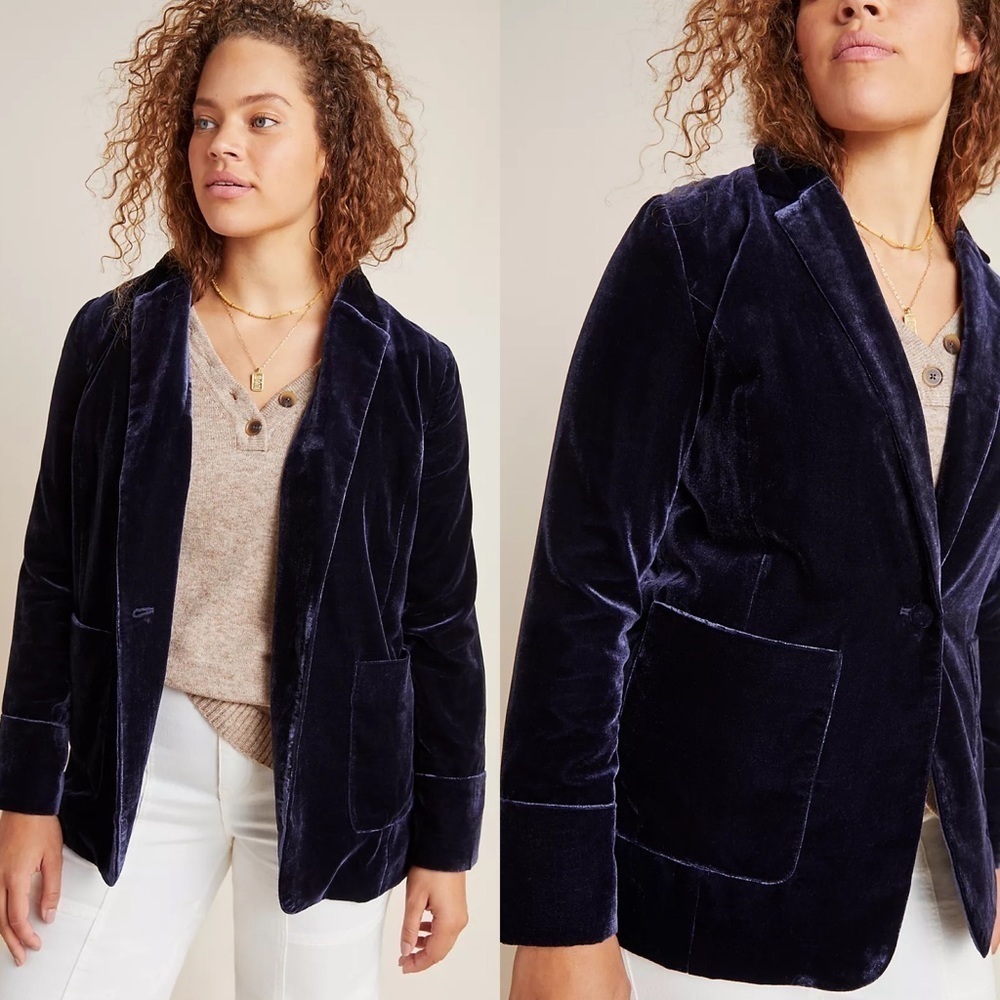 NWT Anthropologie Kachel Size 2 Navy Blue Micah Velvet Blazer One Button $180